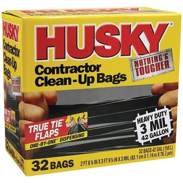 42 gal Trash Bags, 2 ft 8 3/4 in x 3 ft 9 1/8, Heavy-Duty Contractor, 3 mil, Black, 32 PK